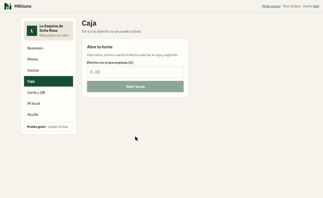 Pantalla para abrir el turno de caja