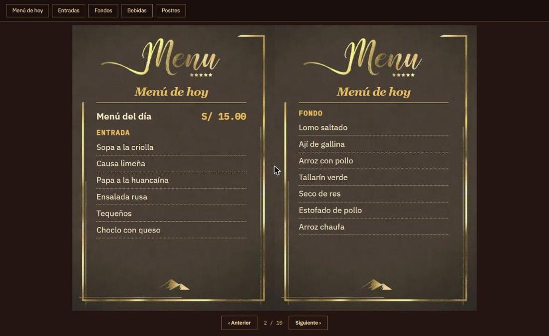Libro abierto con el menú del día