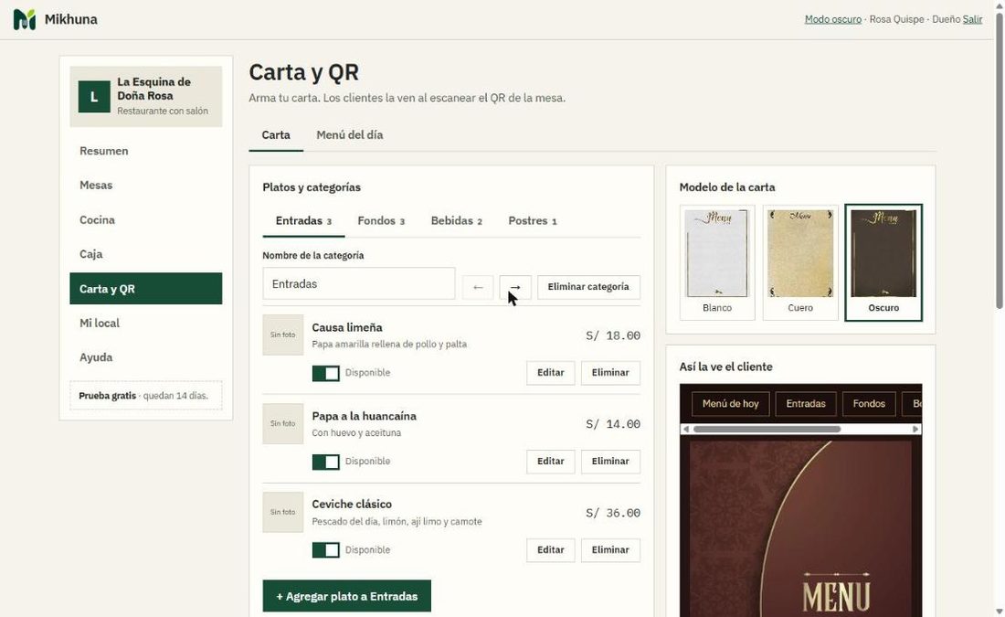 Editor de la carta con categorías, platos y modelos de hoja