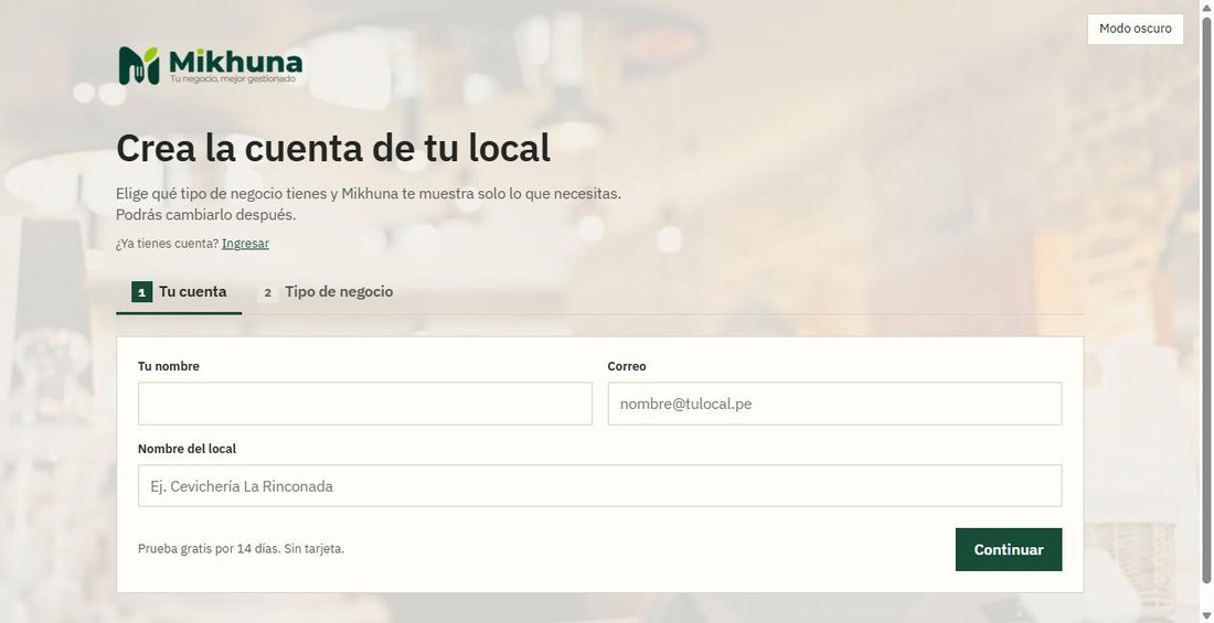 Formulario para crear la cuenta
