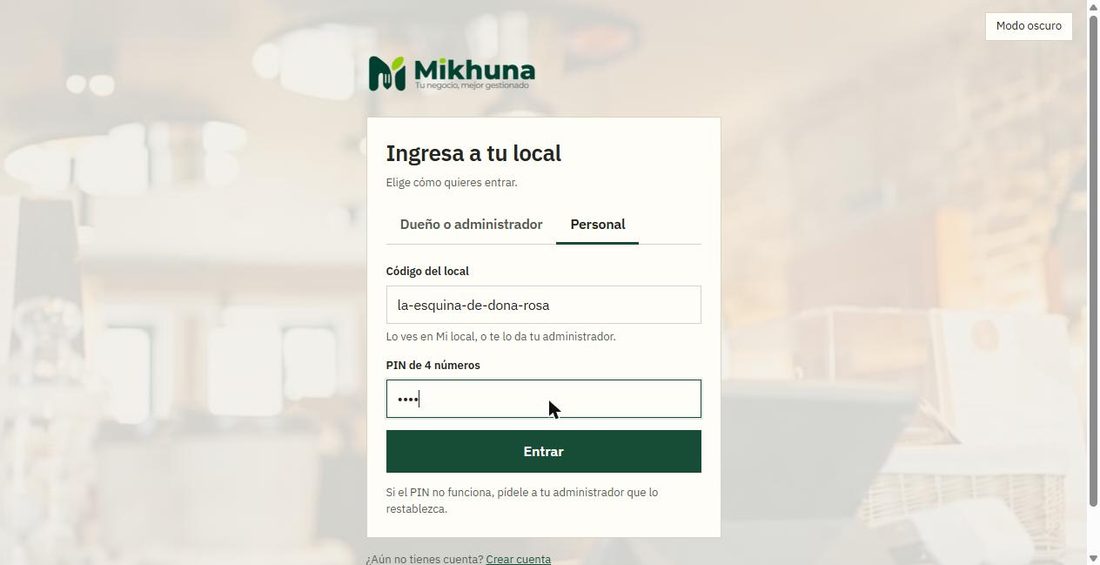 Ingreso de personal con código del local y PIN