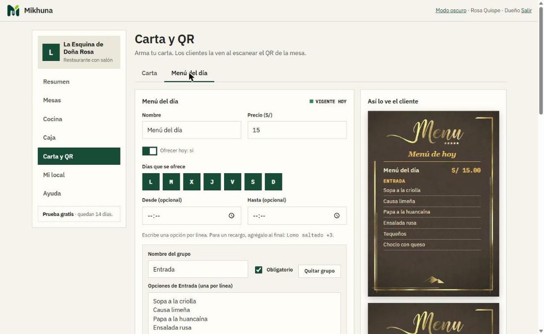 Menú del día con la hoja que verá el cliente