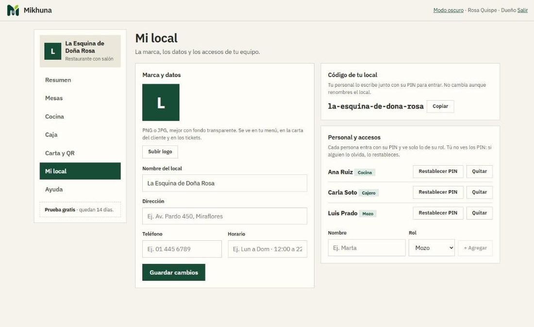 Pantalla Mi local con logo, datos y personal
