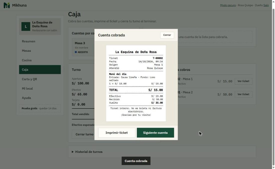Ticket interno con el menú del día y el vuelto